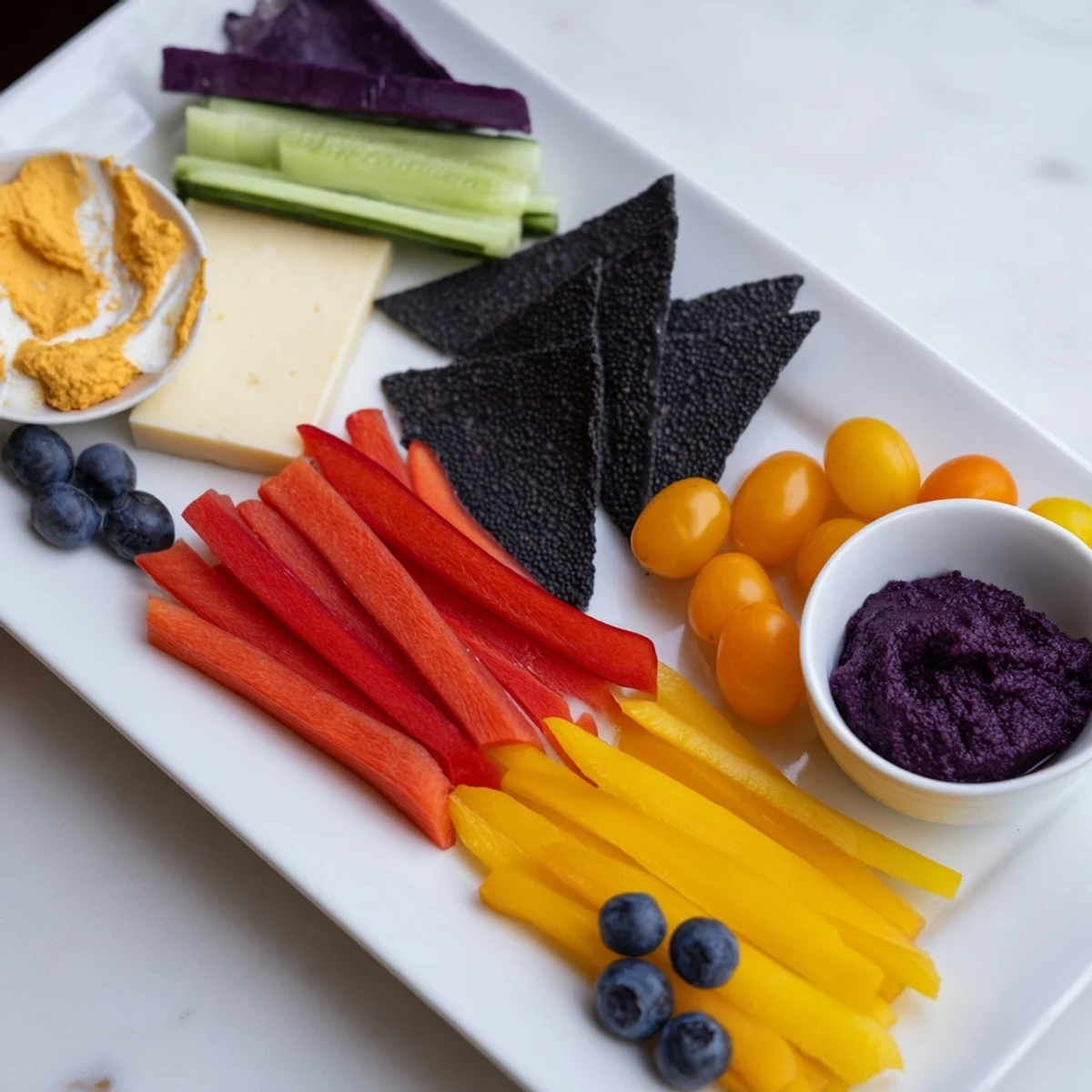 Colorful zig-zag Lightning Strike appetizer showing fresh vegetables paired with cheese, dips, and crunchy elements.