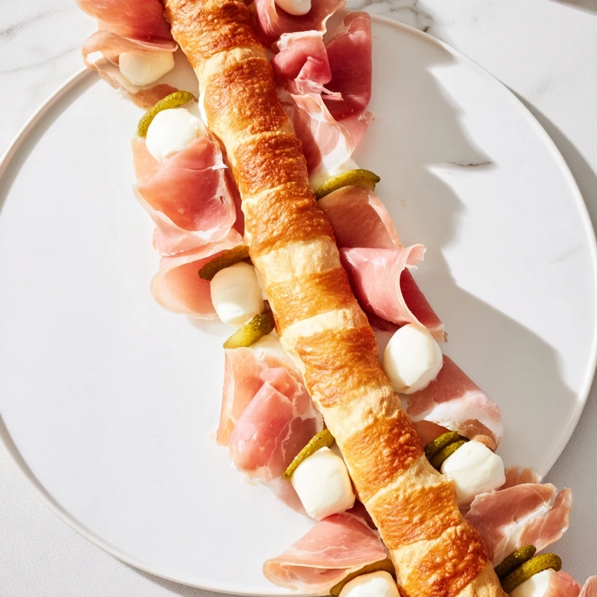 Fractal tree branching bread platter with prosciutto, a visually stunning party appetizer.