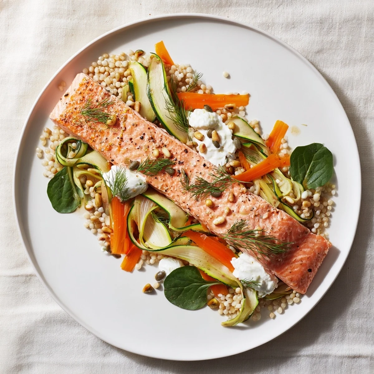 A beautifully plated Infinity Loop Flow: flaky salmon, vibrant vegetables, and pearl couscous.