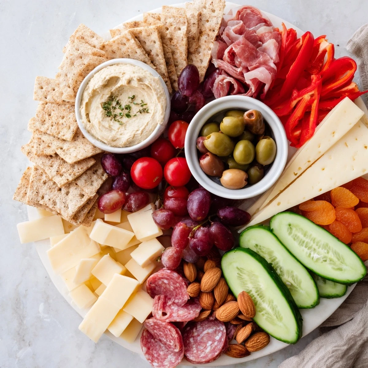 Vibrant Arrowhead Charcuterie Board, arranged with angled cheeses and meats, pointing towards hummus dip.
