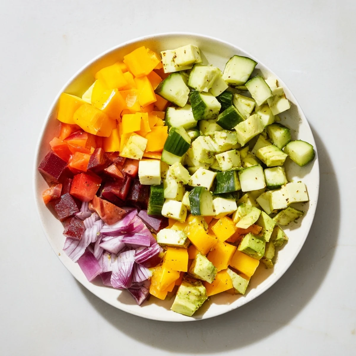 Geometric Cube Salad: Colorful cubes of mango, beets, and feta arranged for a visually stunning appetizer.