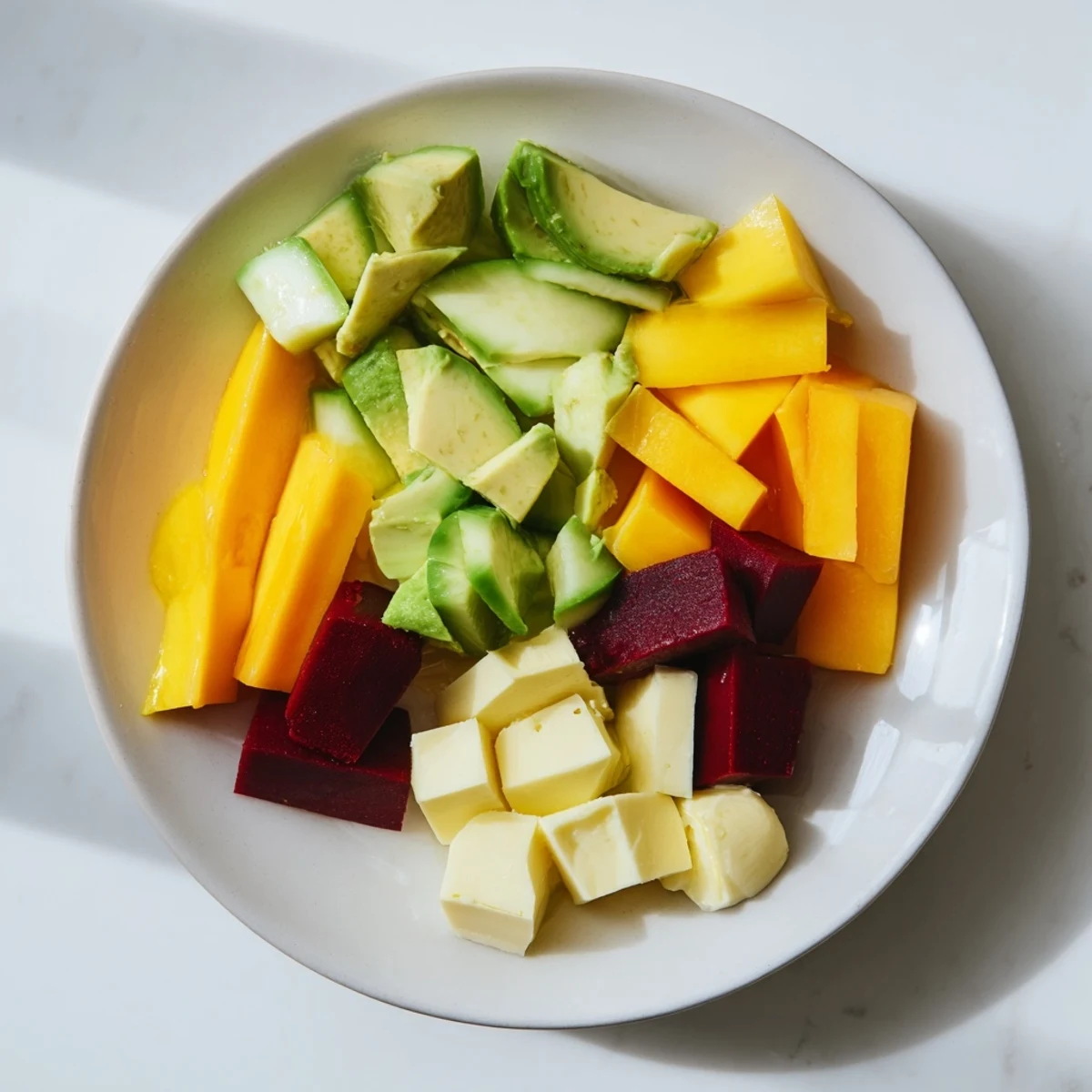 Fresh Cube Geometry Salad: A close-up view of perfectly cubed ingredients drizzled with dressing.