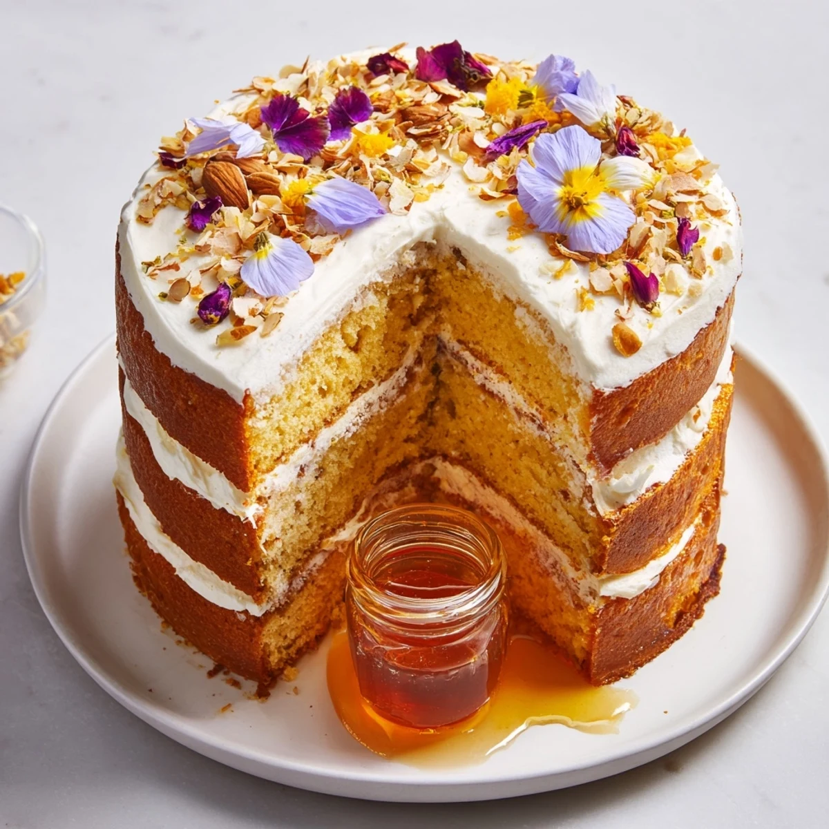 Golden honey drips from a central pot onto layers of The Honey-Drip cake, ready to serve.
