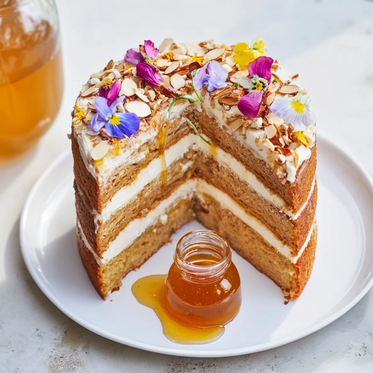 Toasted almonds and edible flowers garnish the beautiful The Honey-Drip cake, a sweet dessert.