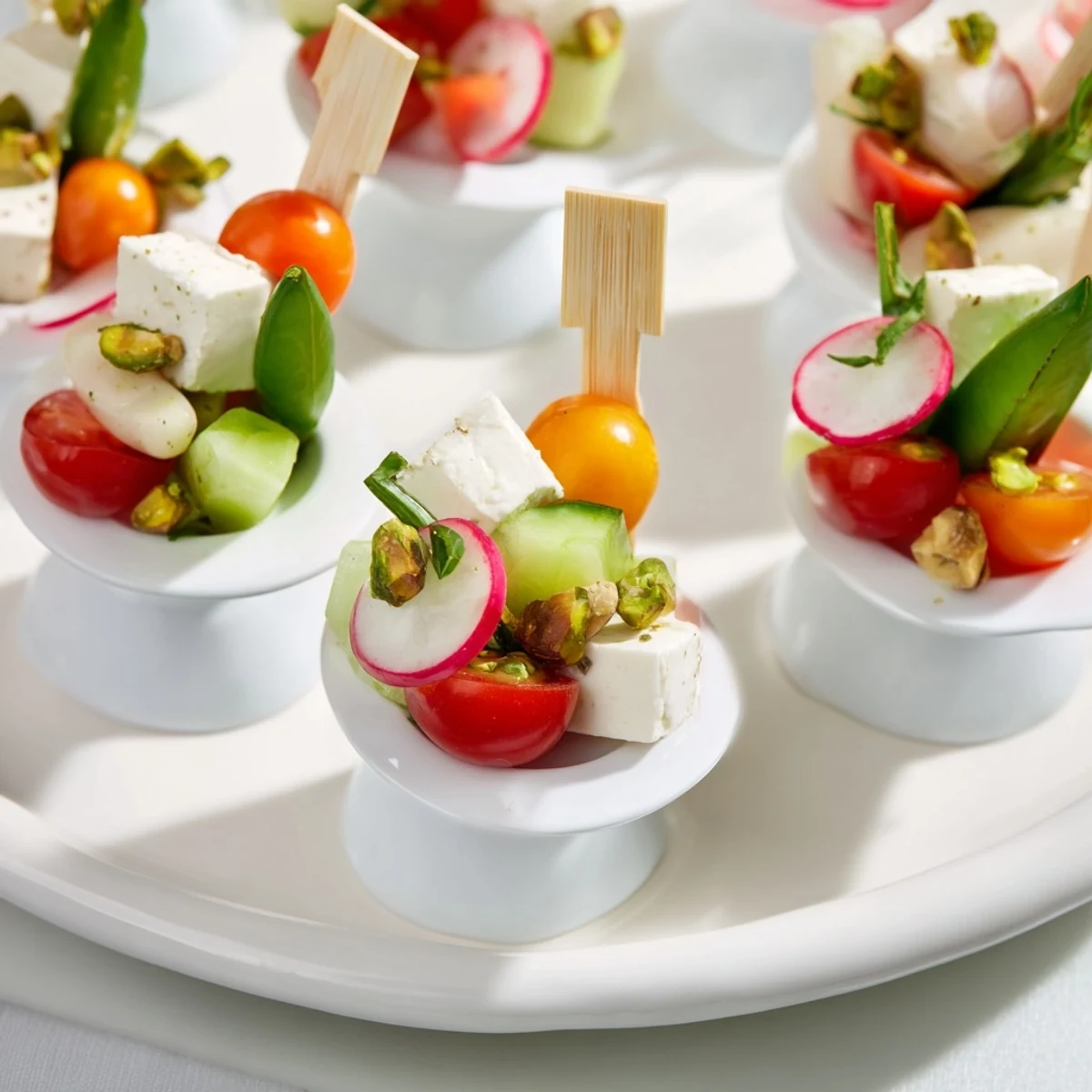 Vibrant "Hanging Gardens" appetizer, a colorful edible garden with fresh tomatoes, grapes, and cheese.