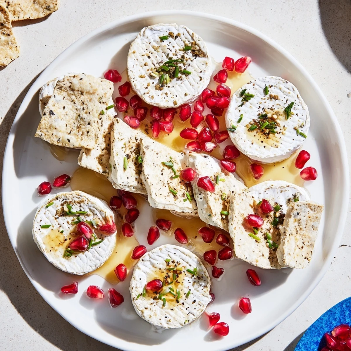 Stepping Stones appetizer, featuring creamy cheese rounds on a river of blue corn chips, perfect for entertaining.