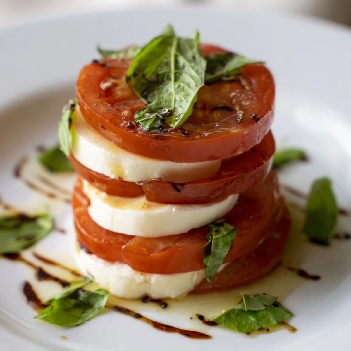 A visually appealing Tuscan Pillar, showcasing juicy tomatoes and creamy mozzarella atop a platter.