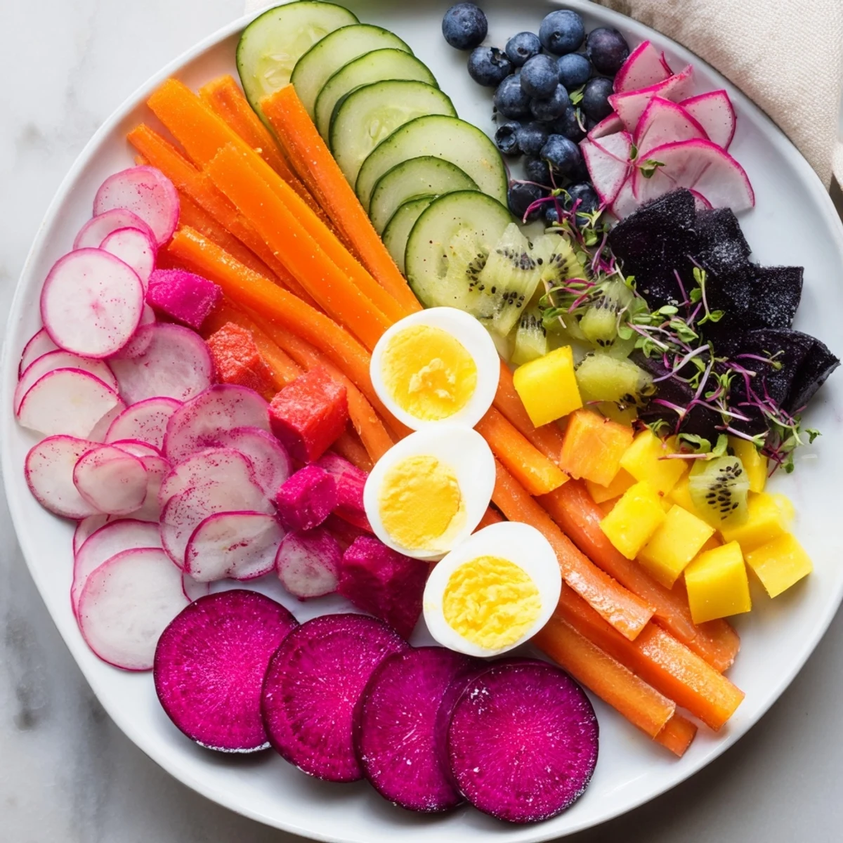 Brightly arranged for The Neon Night, this appetizer features fresh fruit alongside striking pickles.
