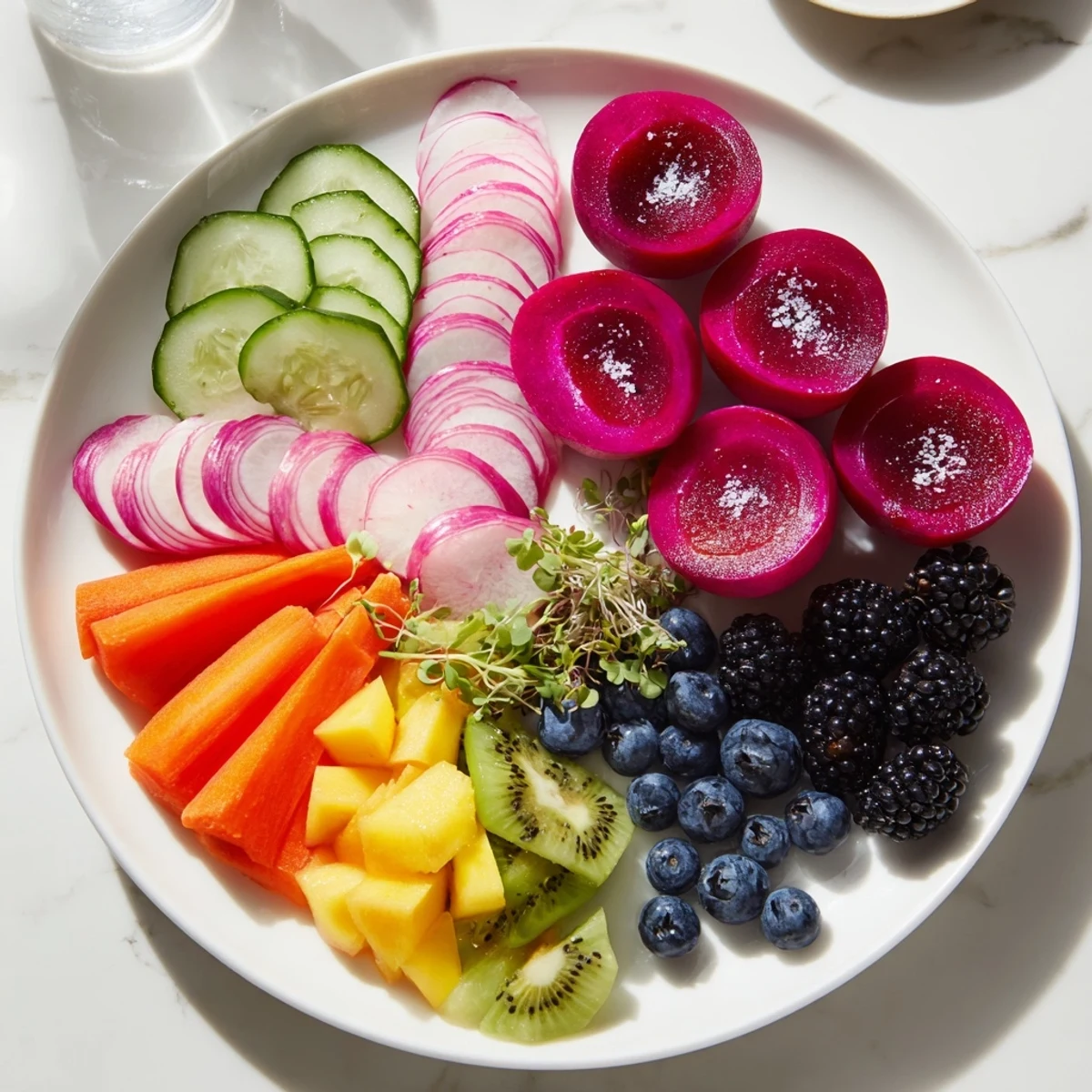 A dark platter showcases The Neon Night: colorful pickled vegetables and vibrant beet-dyed eggs.