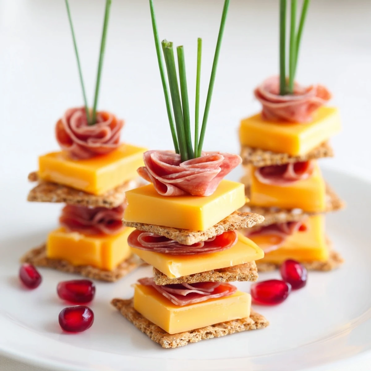 Layered Urban Skyline appetizer with colorful cheese, meat, and chives creating a striking edible scene.