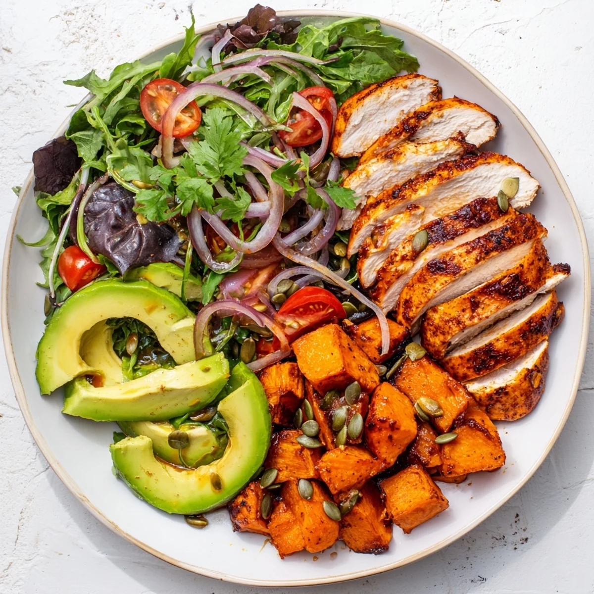 Avocado and Sweet Potato Chicken Bowl with vibrant colors: chicken, avocado, and sweet potatoes.