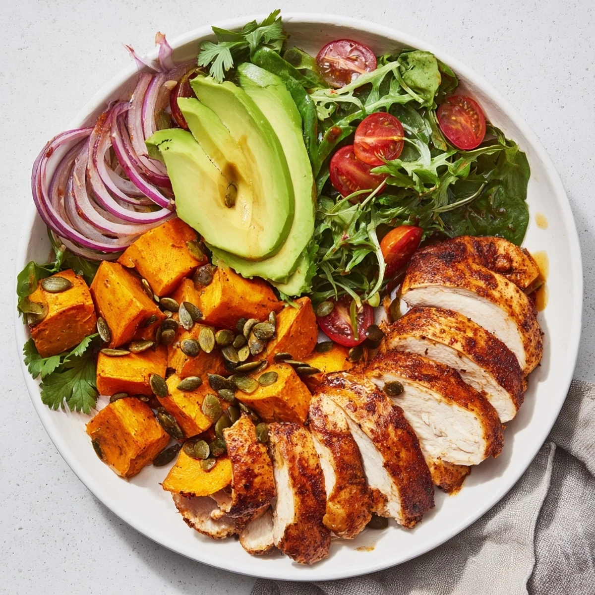 Grilled chicken and roasted sweet potatoes in a delicious Avocado and Sweet Potato Chicken Bowl.