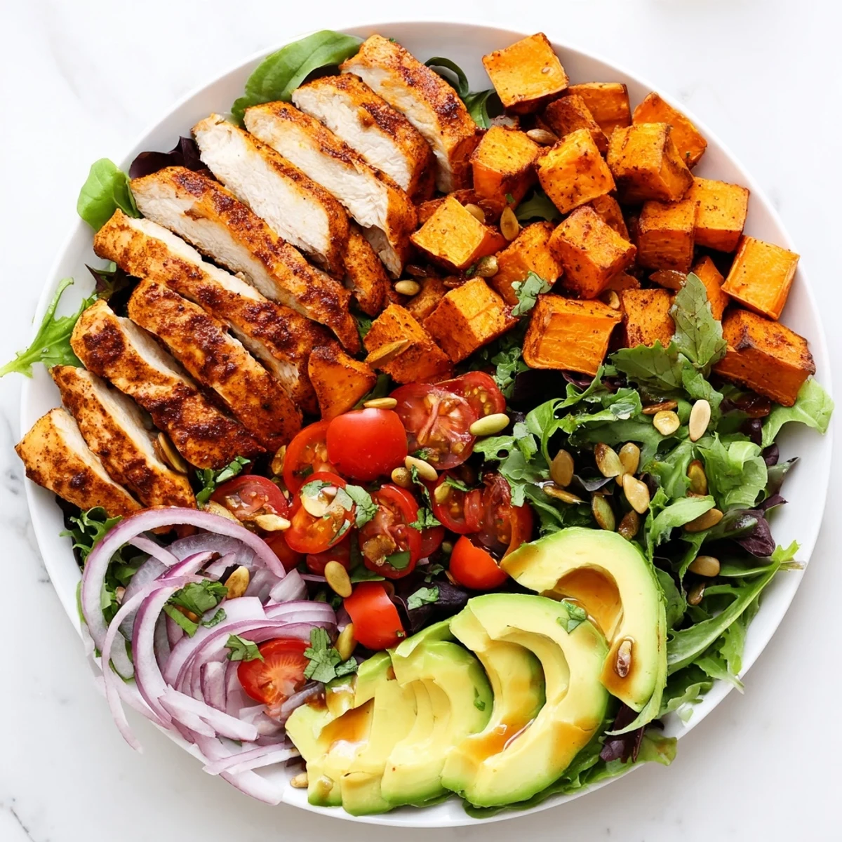A healthy Avocado and Sweet Potato Chicken Bowl with chicken, drizzled honey, and fresh cilantro.