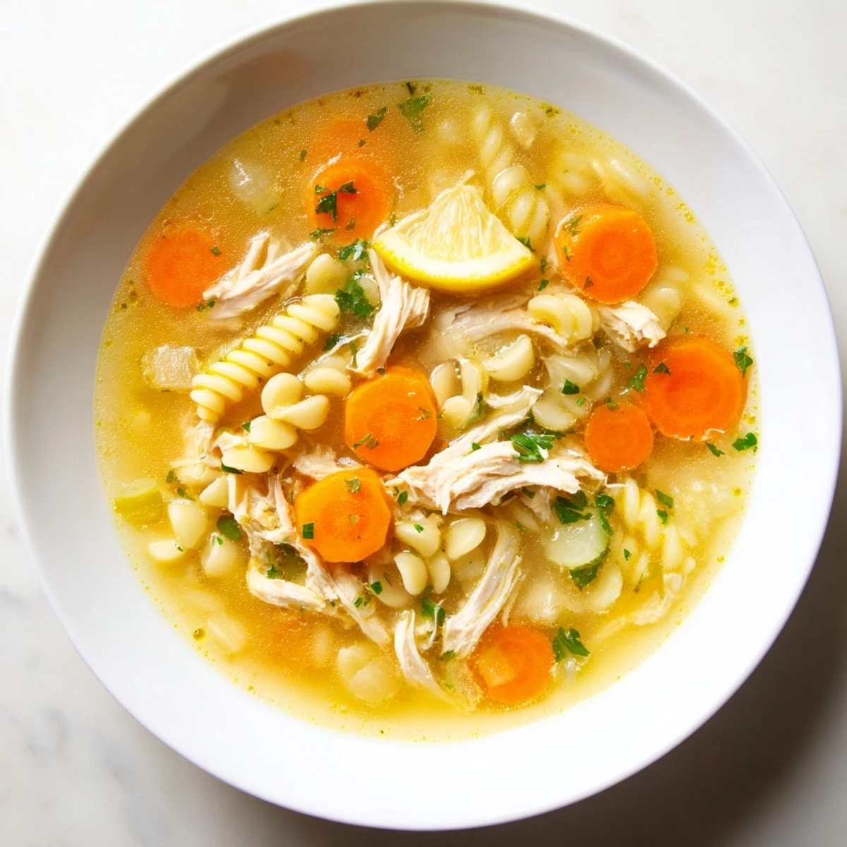 Steaming bowl of Chicken and Ditalini Flu Fighter Soup, garnished with fresh parsley, ready to eat.