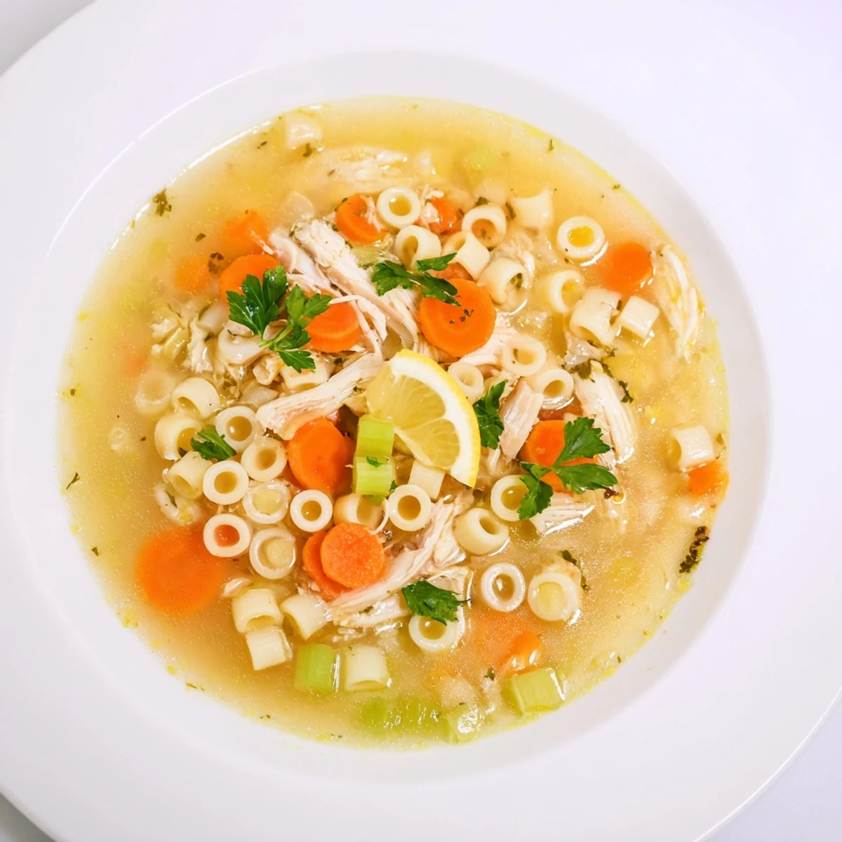 Hearty Chicken and Ditalini Flu Fighter Soup features tender chicken and small pasta in a flavorful broth.