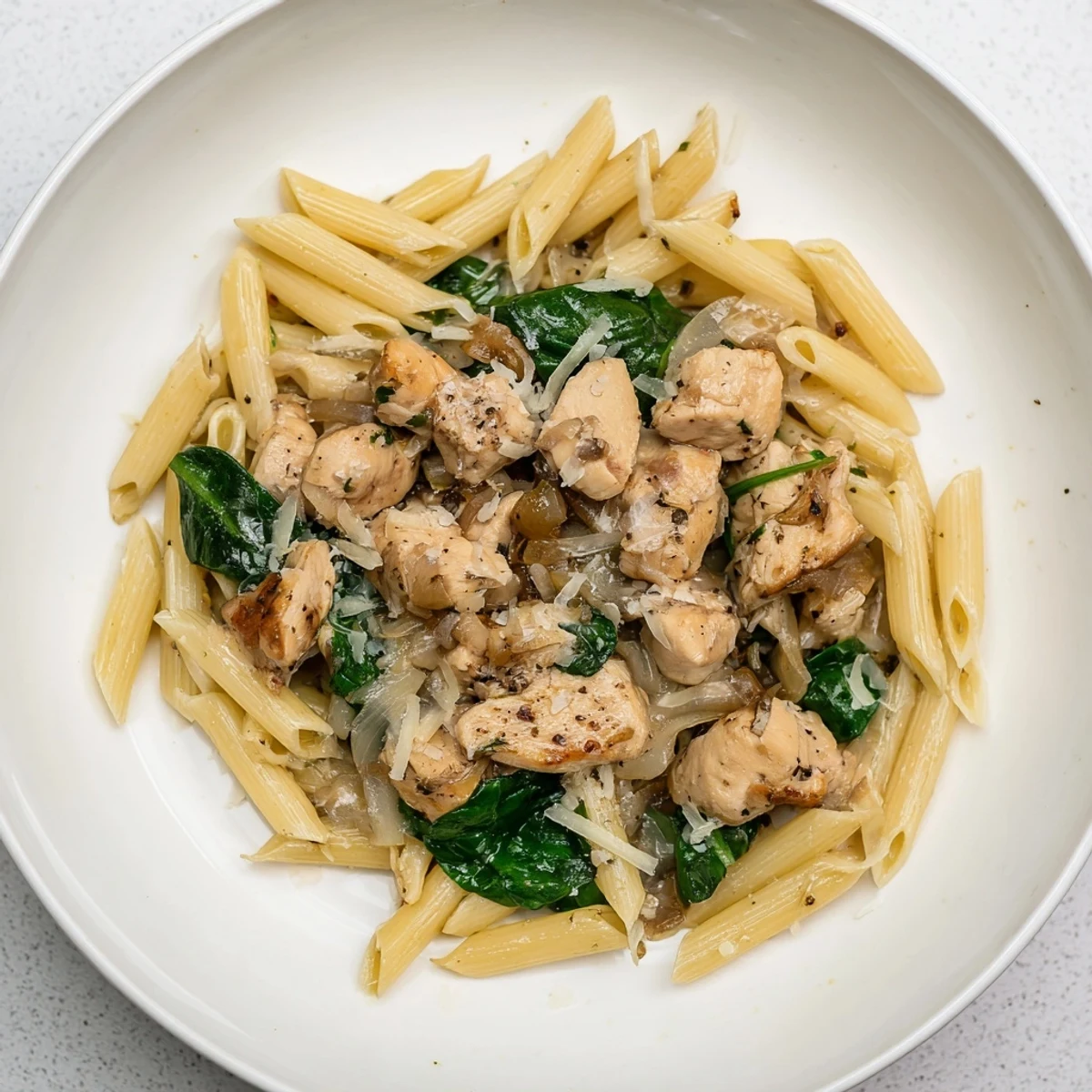 One-Pot Spinach and Chicken Pasta, bursting with vibrant green spinach and tender chicken, ready to serve.