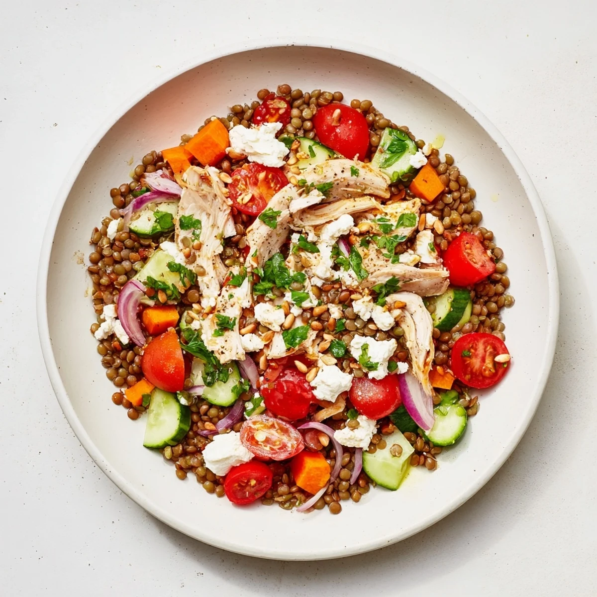 A close-up view of a vibrant Chicken and Lentil Recession Salad, showing hearty textures and fresh ingredients.