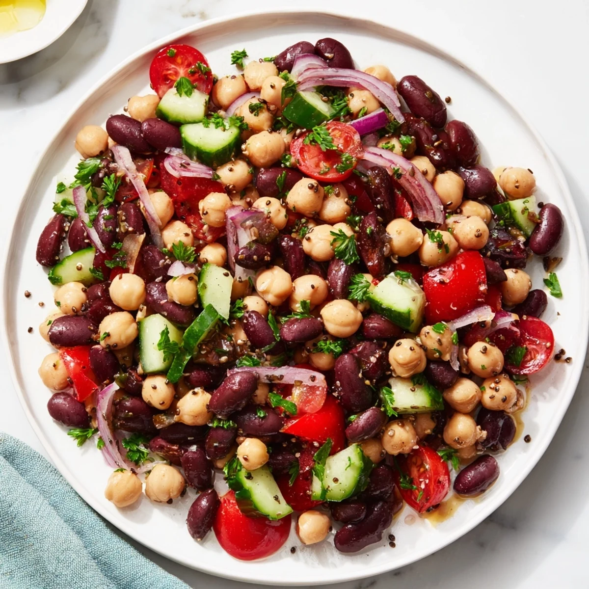 A vibrant bowl of Dense Bean Salad with Wellness Seeds, ready for a delicious, healthy meal.