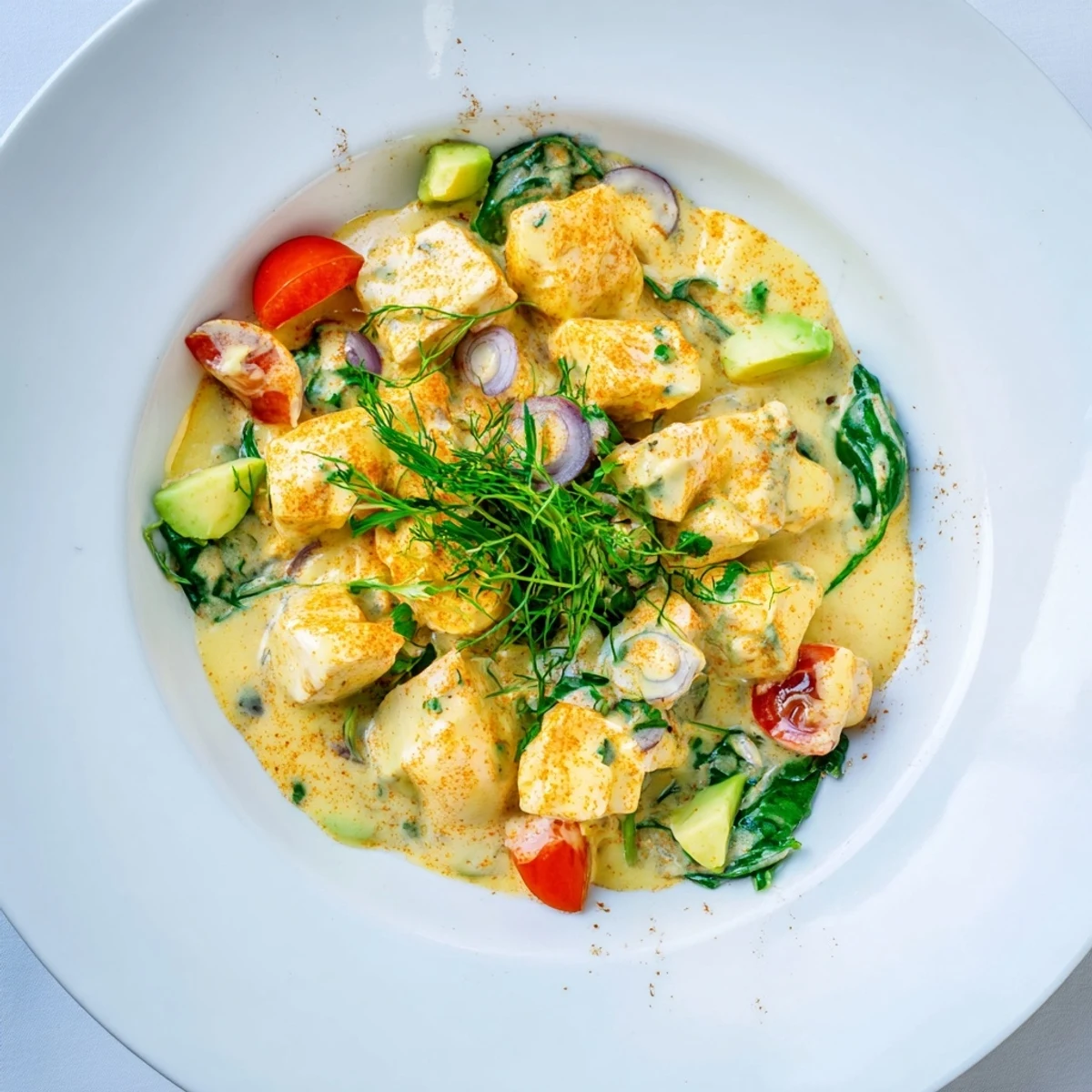 Fresh High-Protein Chicken and Egg Salad, showcasing tender chicken chunks, vibrant tomatoes, and a tangy dressing.