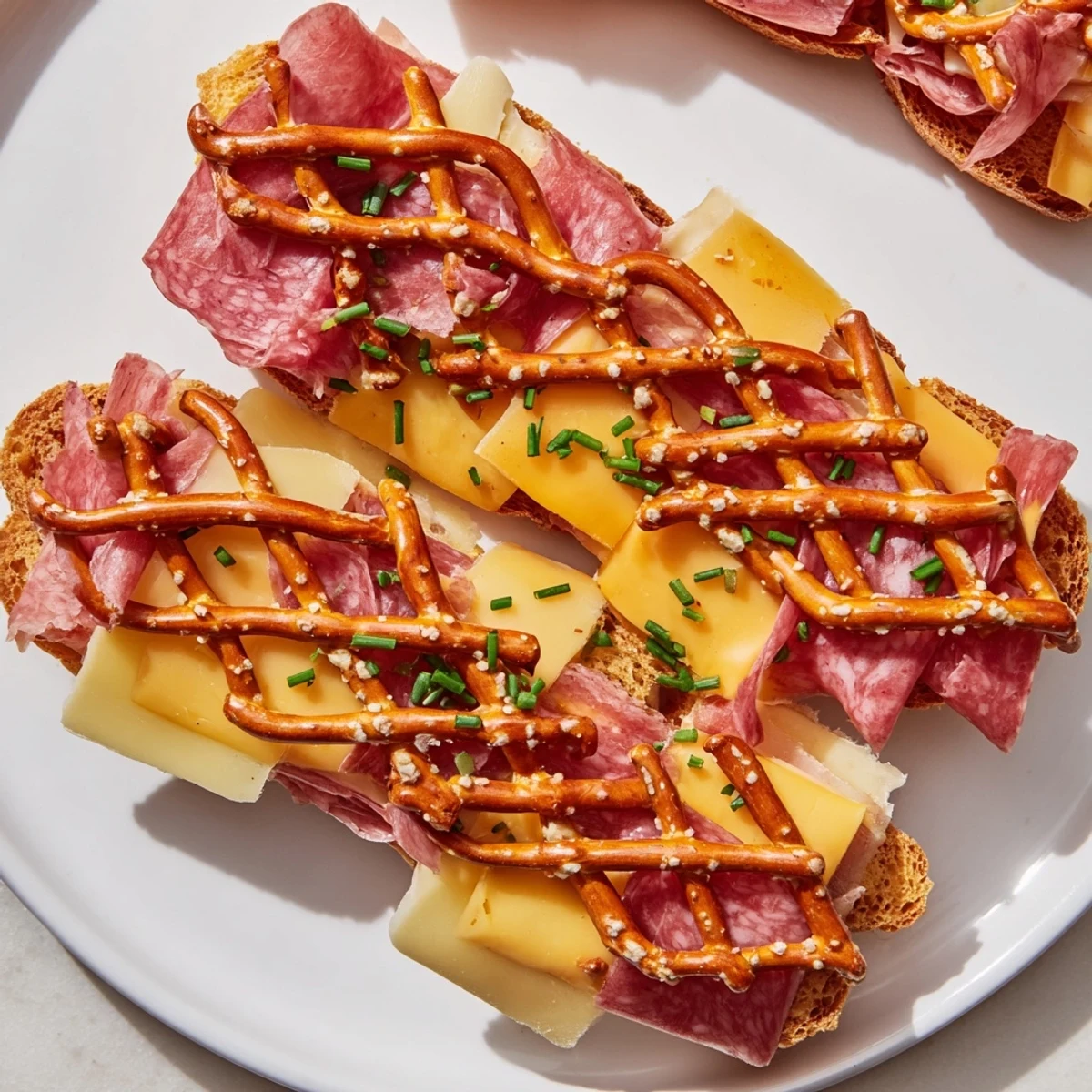 A lattice of pretzel sticks tops this savory Lattice Window appetizer, ready to serve!