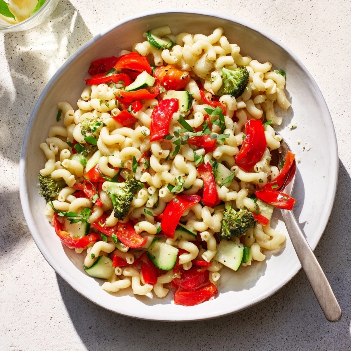 Tender ditalini pasta tossed with air-fried colorful vegetables, a flavorful, light Italian meal.