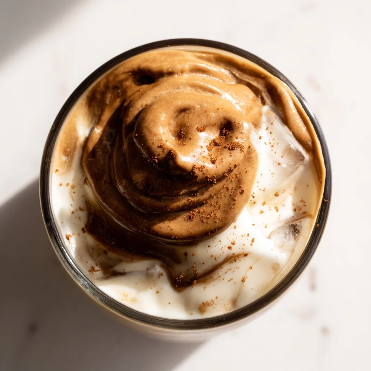 Fluffy brown sugar Dalgona latte, beautifully layered with whipped coffee atop ice-filled milk, ready to sip.