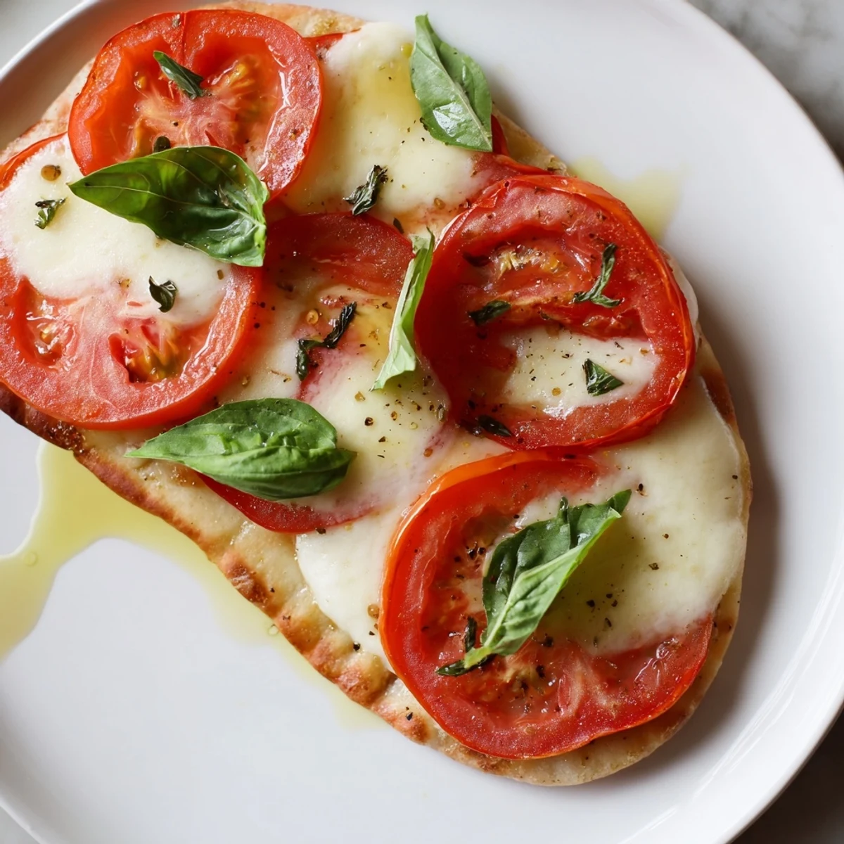 Quick Margherita Naan Pizza with melted mozzarella, ripe tomatoes, and fresh basil, ready to eat.
