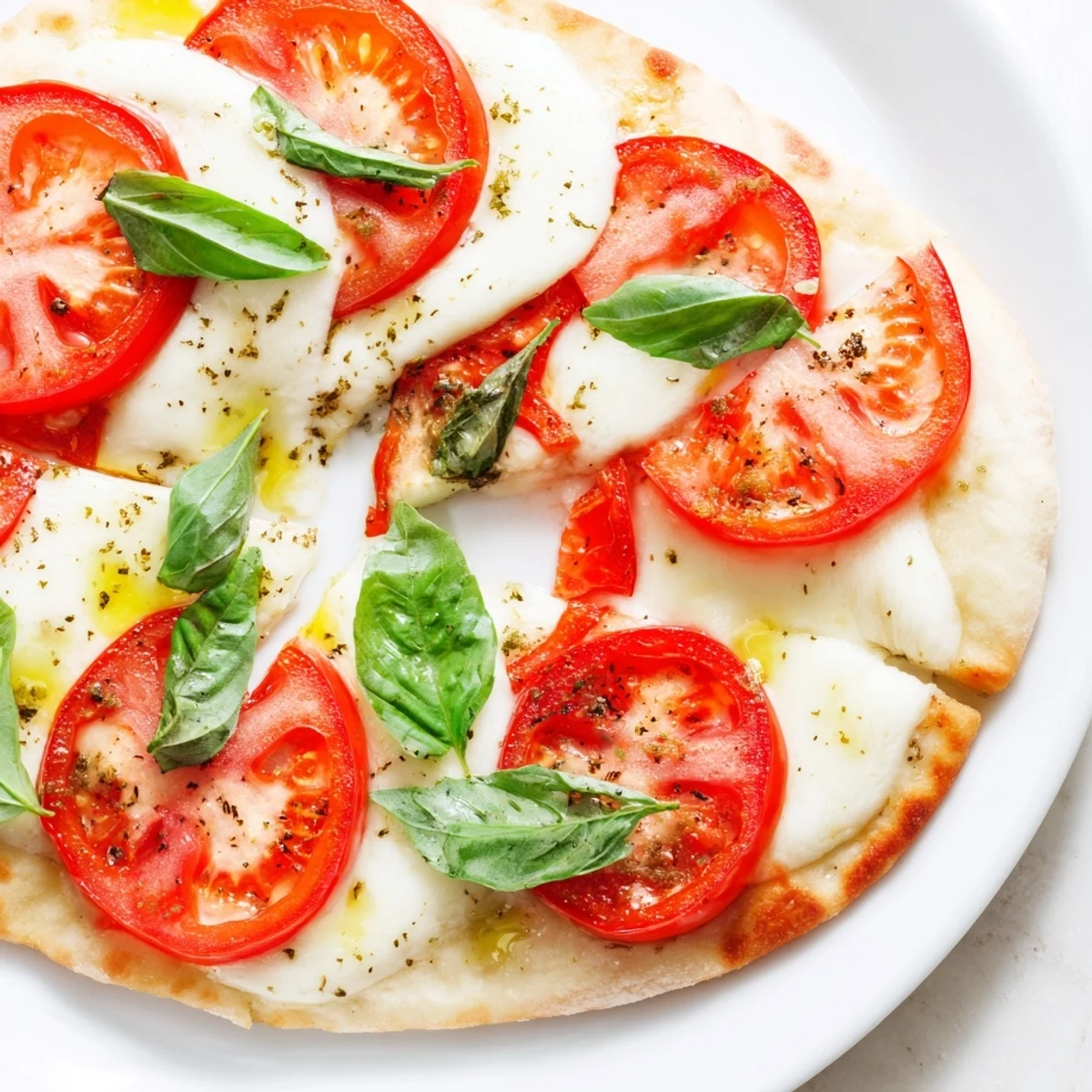 Freshly baked Quick Margherita Naan Pizza: a flatbread delight with a vibrant, colorful topping.