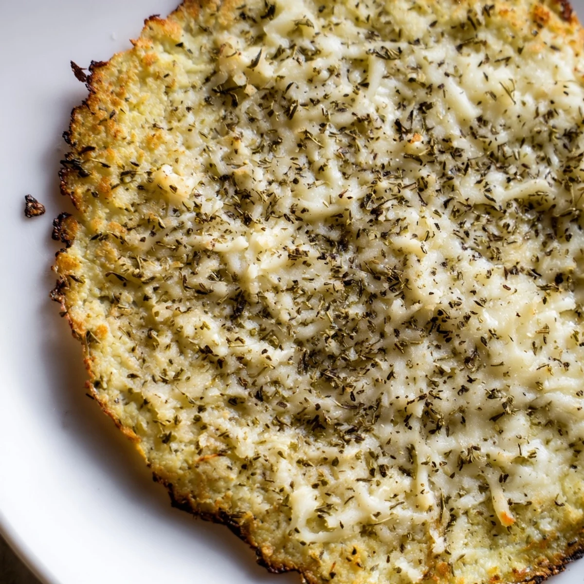 Golden, crispy cauliflower pizza crust ready for toppings, a healthy, low-carb delight.