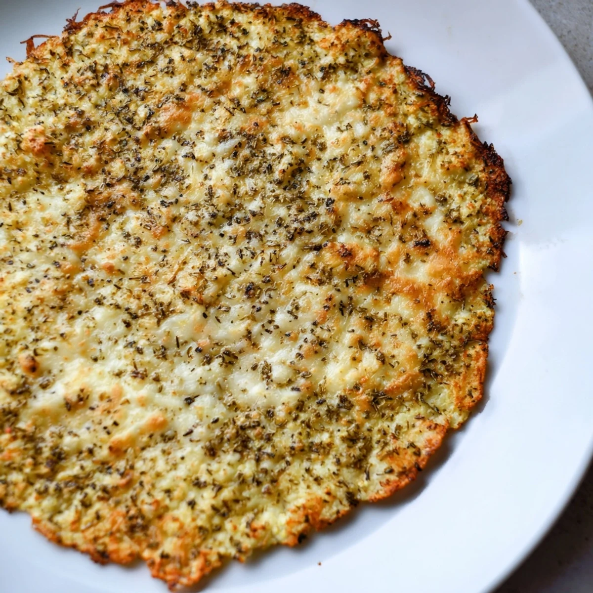 Oven-baked cauliflower pizza crust, lightly browned, perfect base for your favorite flavors.