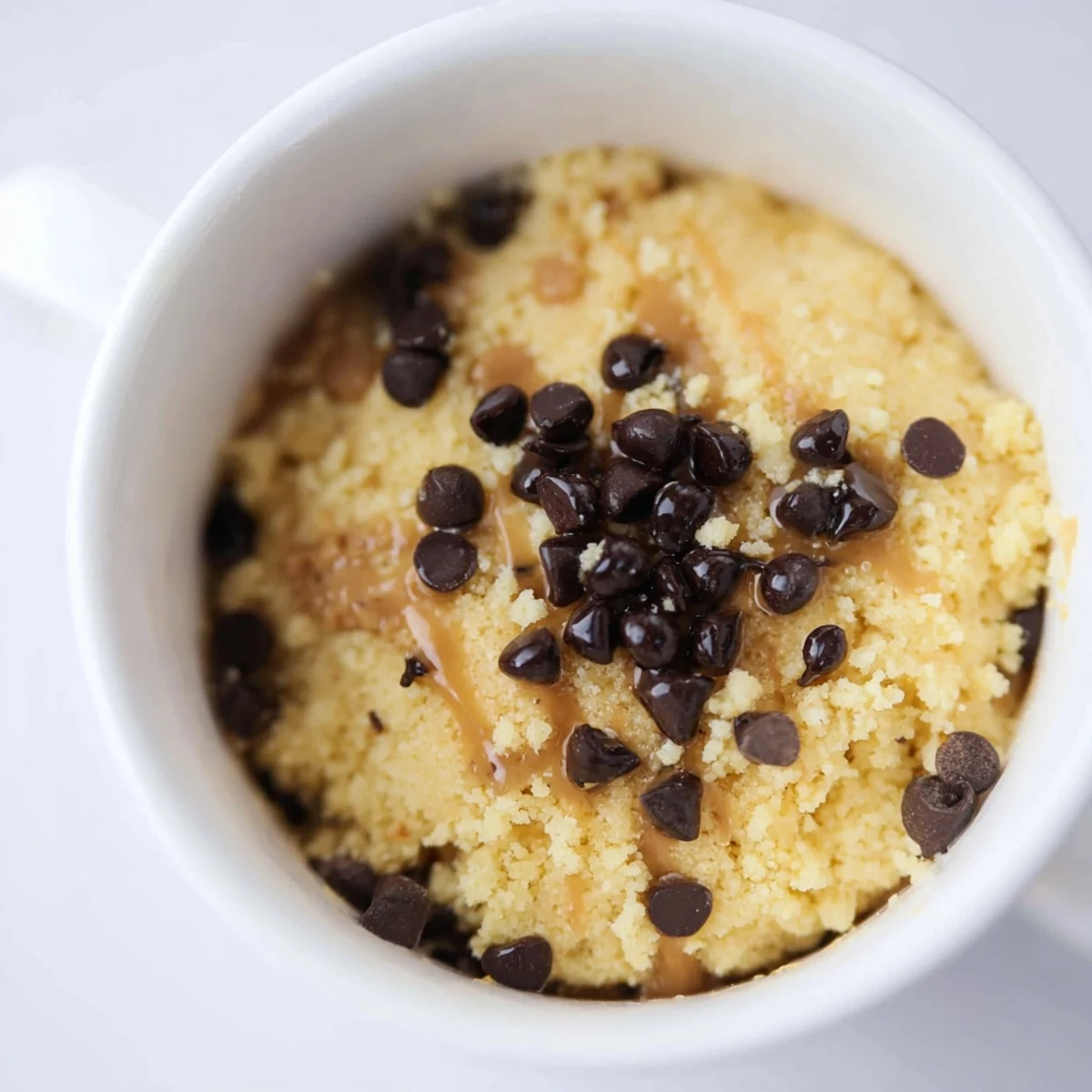 A single serving of rich, decadent 2-Minute Peanut Butter Mug Cake, topped with optional chocolate chips.