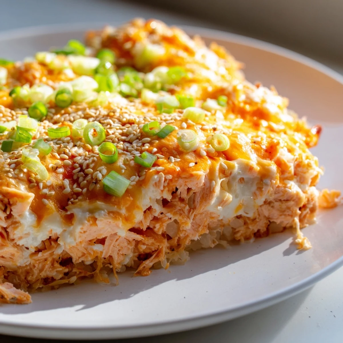 Warm Creamy Salmon Sushi Bake, a Japanese-American fusion, fragrant and piled high with delicious toppings.