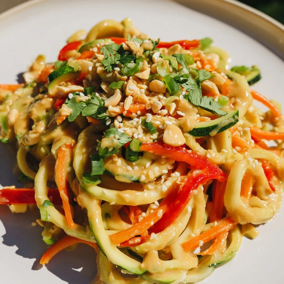 Zesty peanut zucchini noodles served cold, bursting with fresh vegetables and creamy peanut sauce.