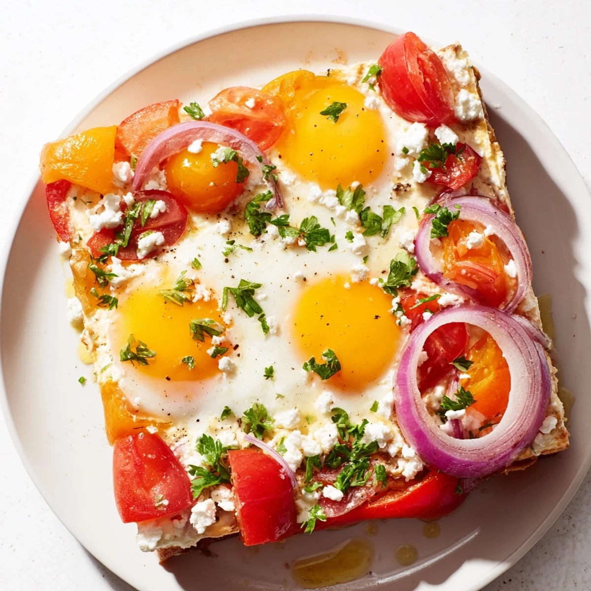 This Mediterranean Baked Feta & Eggs dish features a baked feta cheese block with perfect runny eggs.