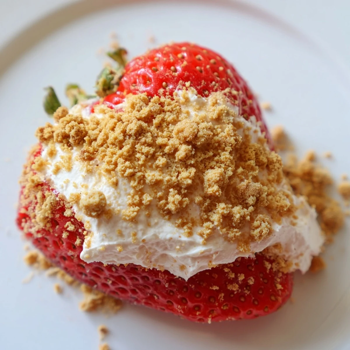 Sweet, perfectly chilled cheesecake stuffed strawberries, topped with graham cracker crumbs, ready to enjoy.