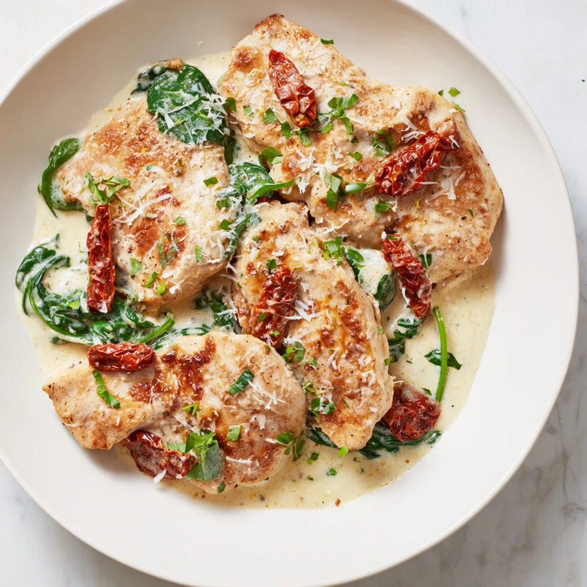 Golden seared Creamy Tuscan Chicken, swimming in a rich, creamy sauce with spinach and tomatoes.