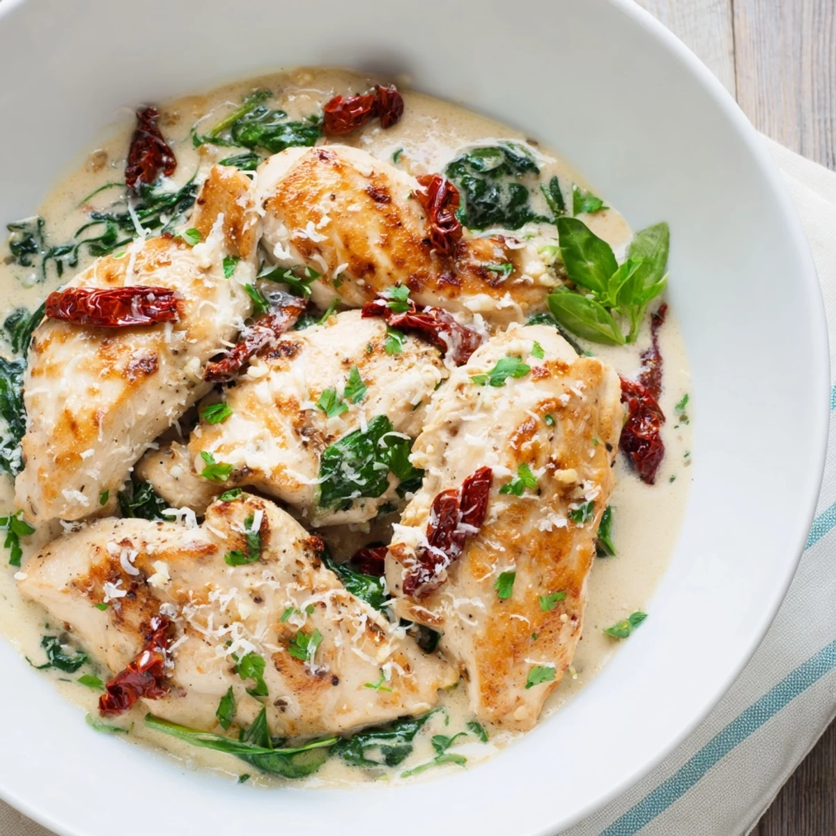 A close-up of a skillet brimming with Creamy Tuscan Chicken, ready to be served hot and delicious.