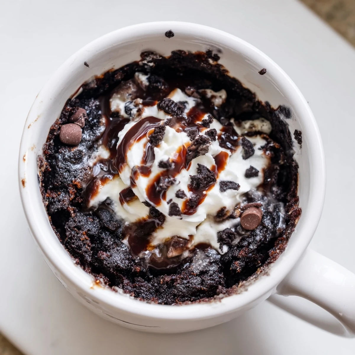 Delicious Oreo Mug Cake, perfectly cooked in a mug, topped with whipped cream and crushed Oreos.