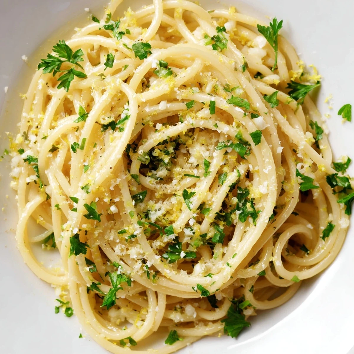Golden, glistening Garlic Butter Noodles, garnished with fresh parsley, ready to enjoy as a meal.