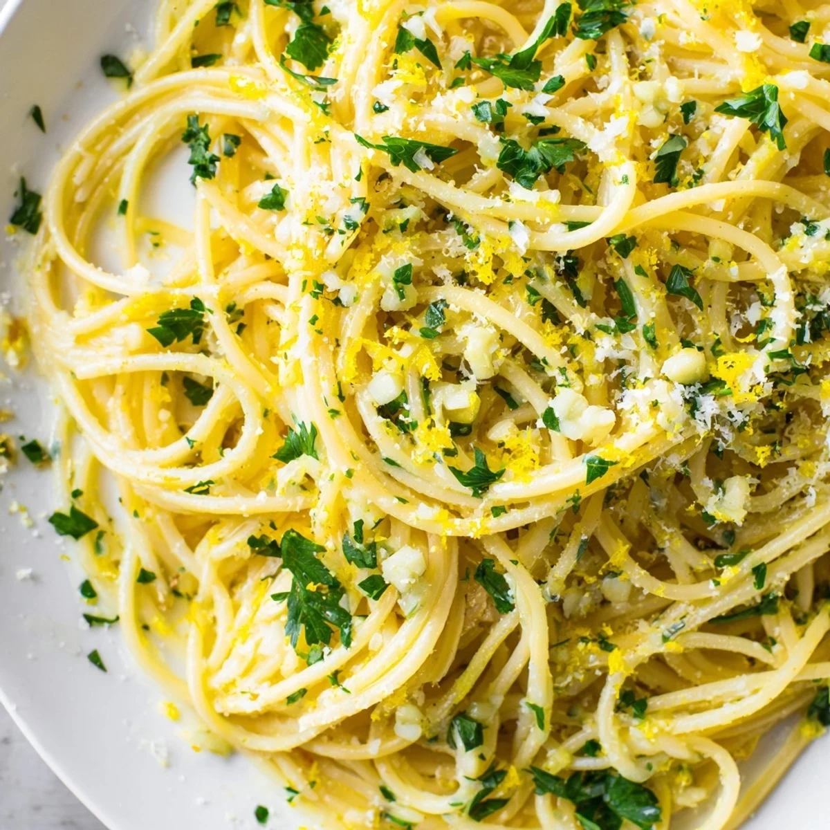 A close-up shot of Garlic Butter Noodles; the buttery, flavorful coating is utterly irresistible.