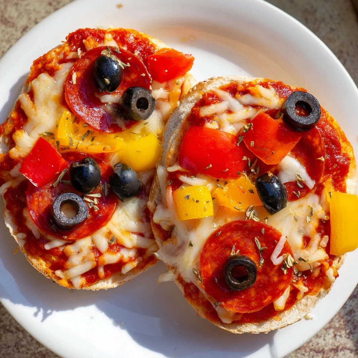 Air fryer mini bagel pizza with melted cheese and pepperoni, ready to eat as a snack.