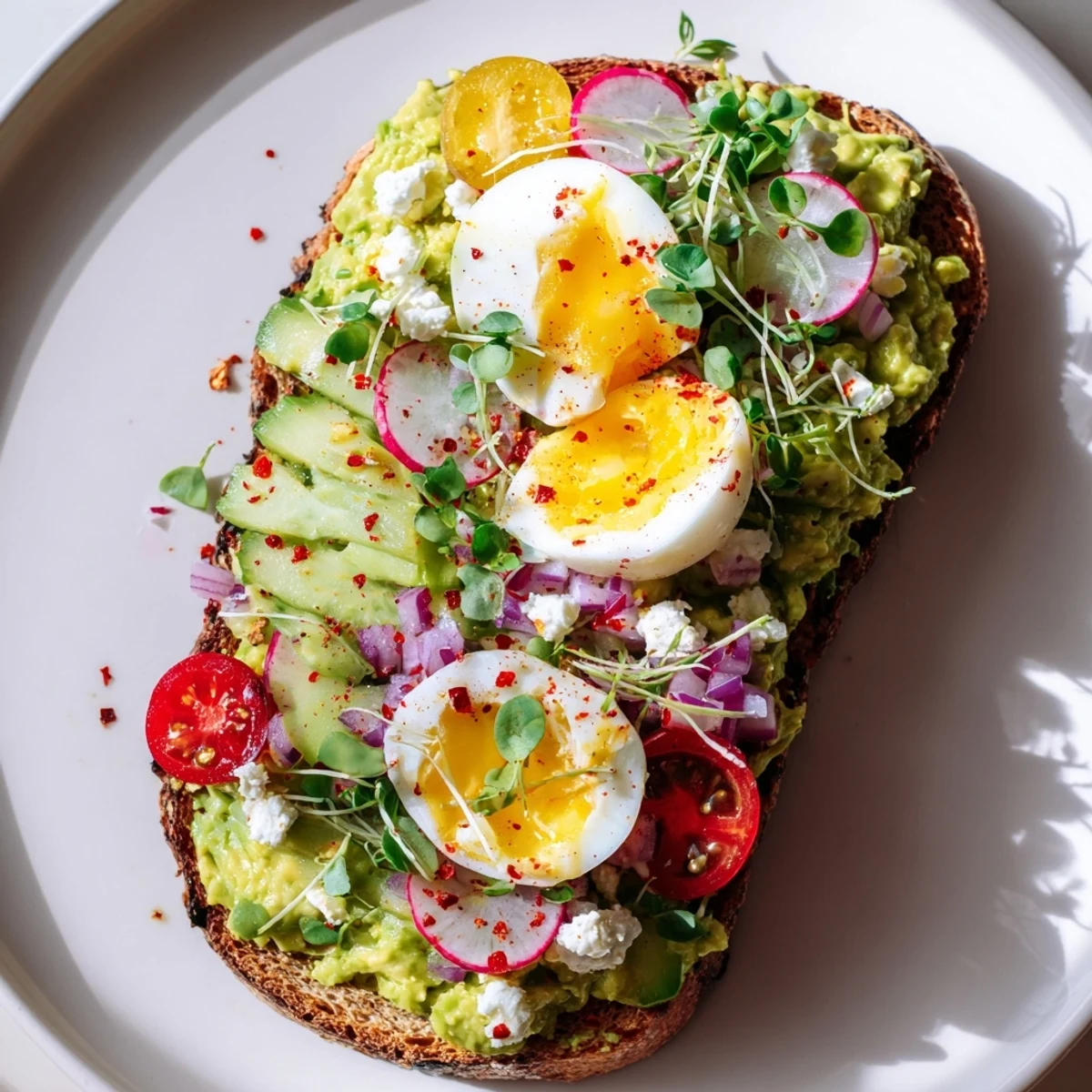 Creamy avocado toast, loaded with fresh veggie toppings and a perfectly cooked egg—a delightful breakfast.