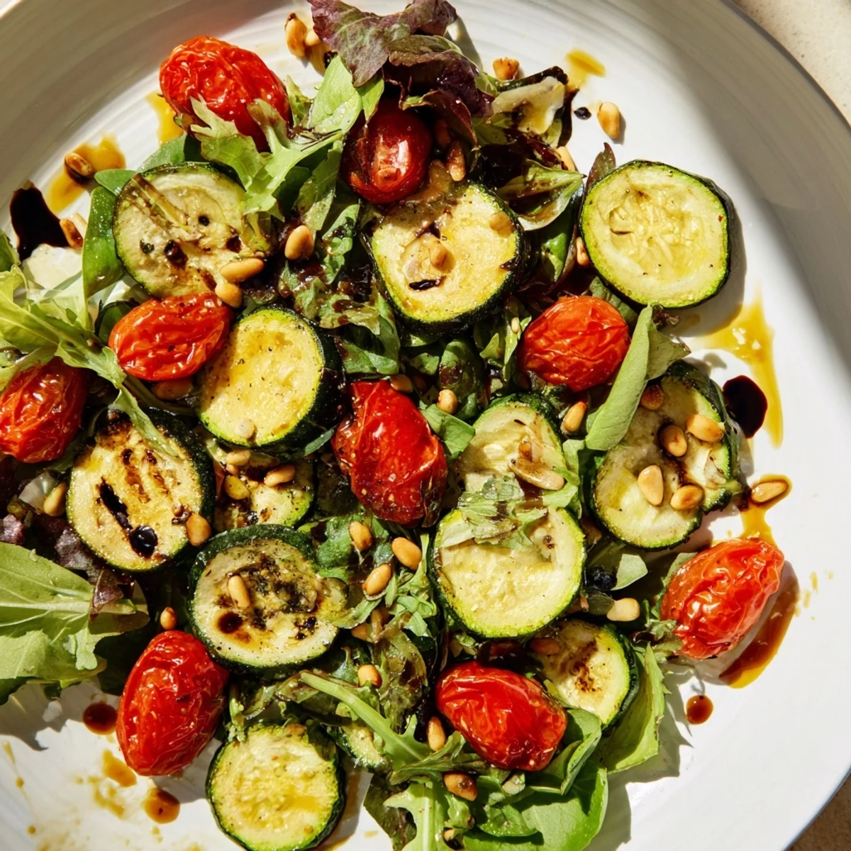 Warm Roasted Vegetable Salad with balsamic dressing and toasted nuts, a colorful vegetarian dish.