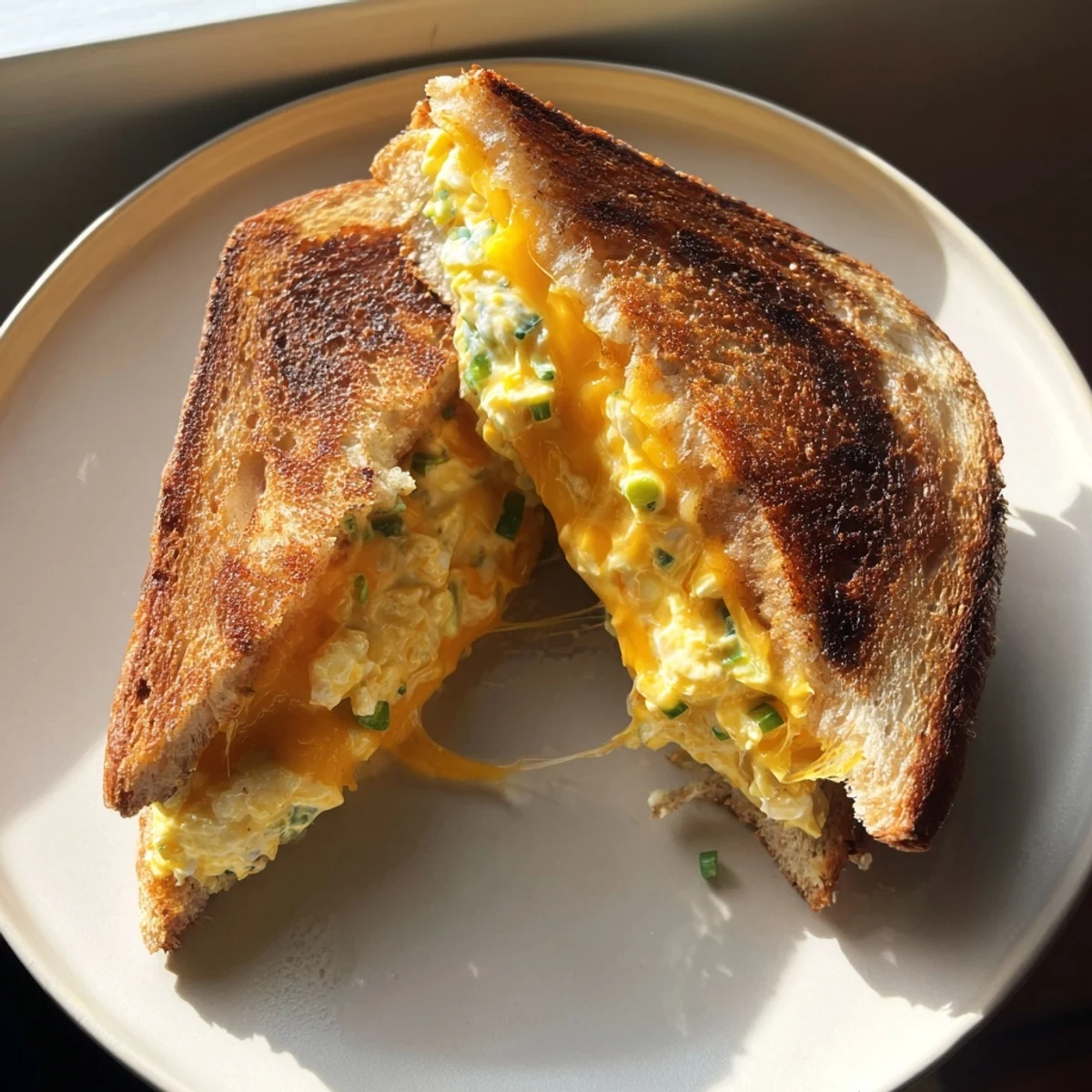 Golden, crispy Egg Salad Grilled Cheese sandwich, cheese oozing with every delicious bite.