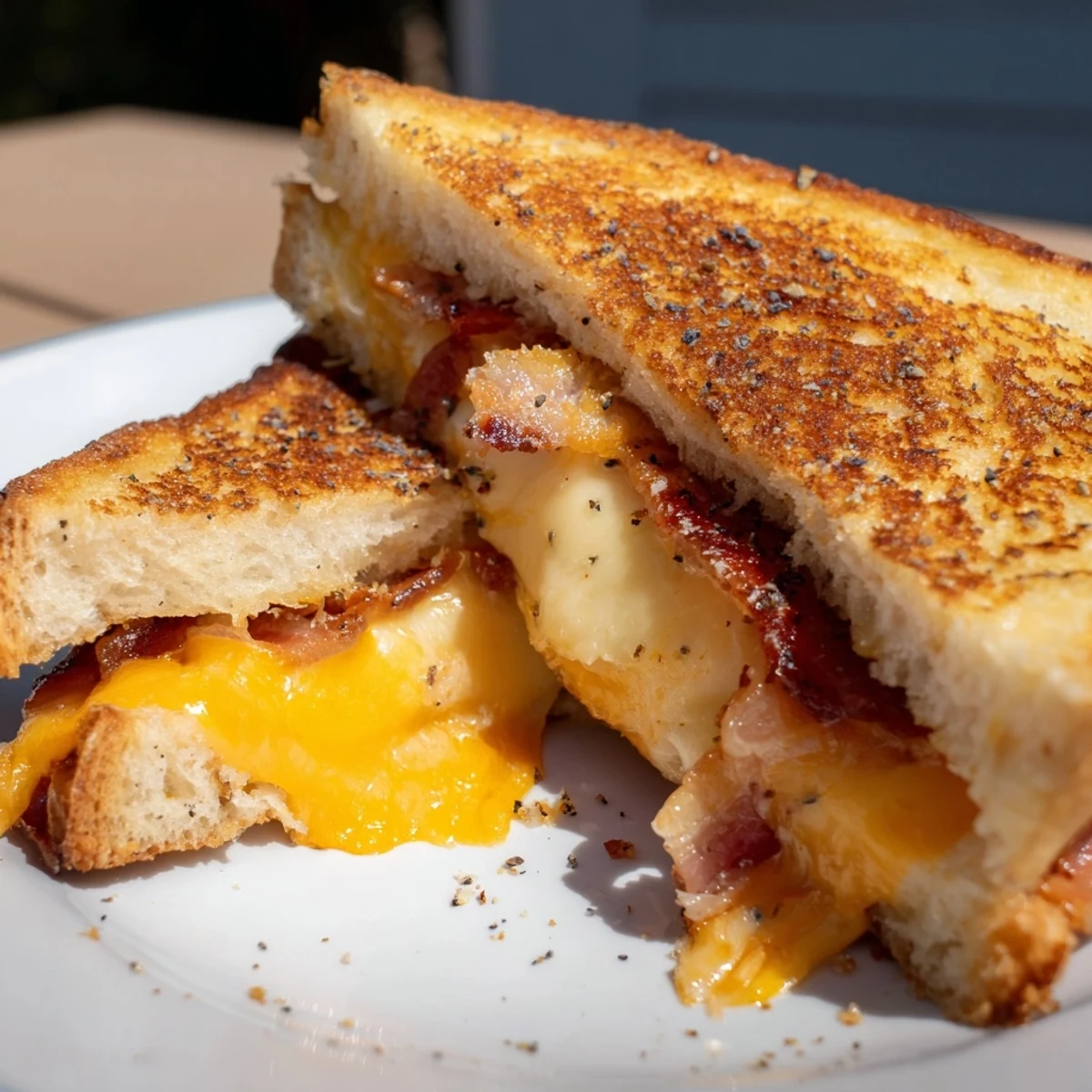 Crispy Bacon Cheddar Grilled Cheese, a melty, golden sandwich with bacon crumbles and oozing cheese.