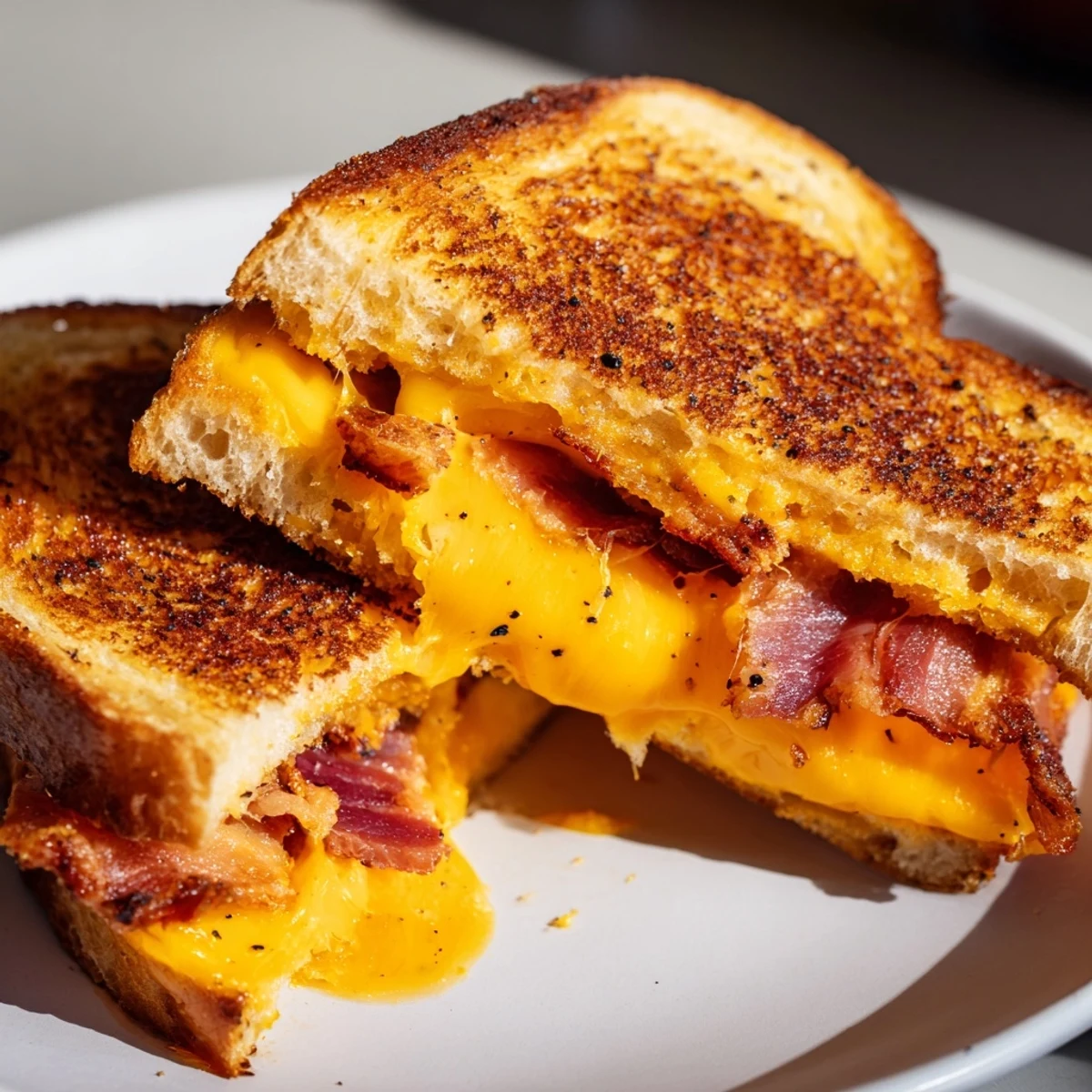 Perfectly grilled Crispy Bacon Cheddar Grilled Cheese rests, showing off the crunchy sourdough and bacon's smoky aroma.