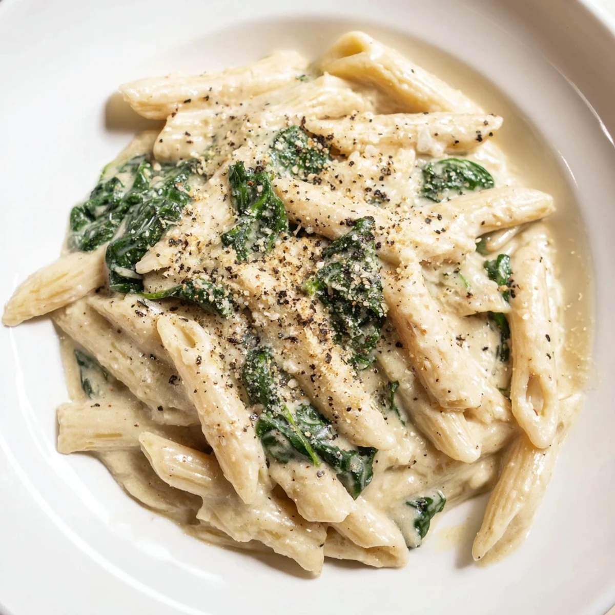 A close-up of finished Creamy Spinach Pasta, showing its rich sauce and Parmesan topping.