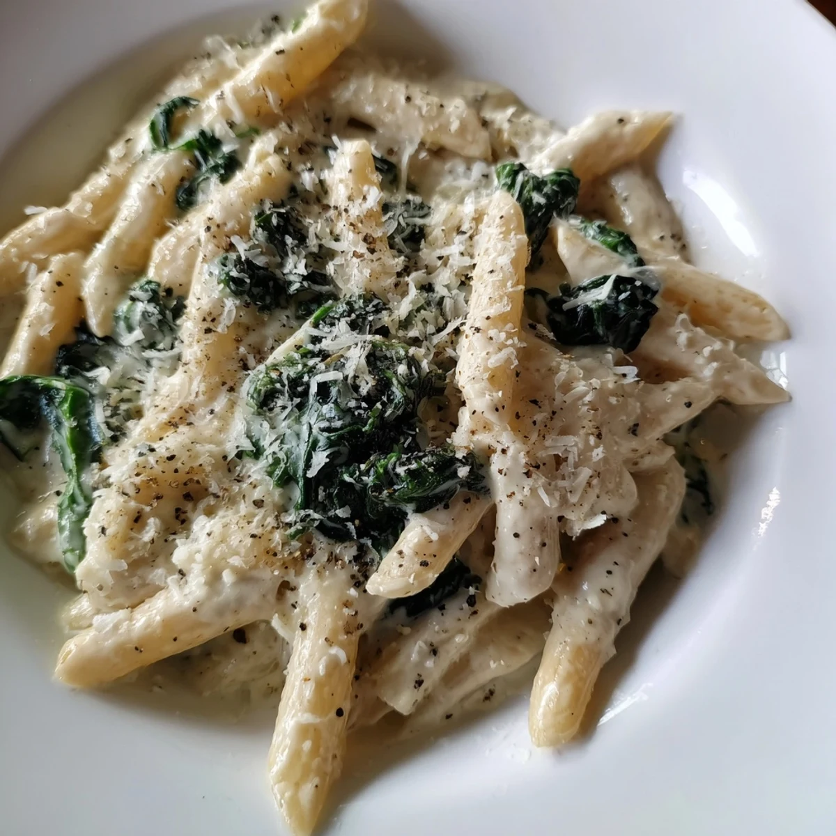 Beautifully plated Creamy Spinach Pasta with wilted spinach, ready to be enjoyed immediately.