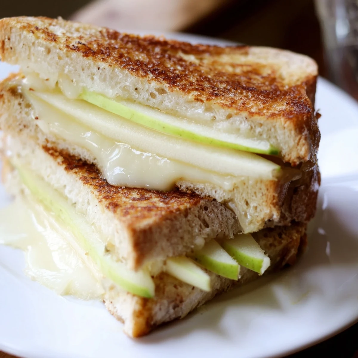 A close-up of a delicious Brie and apple grilled cheese, a perfect vegetarian lunch option.