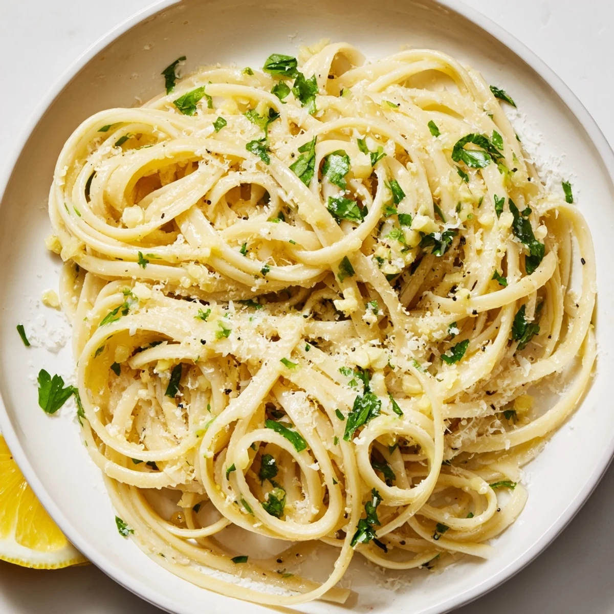 Steaming plate filled with delicious garlic butter linguine, garnished with fresh, green herbs.